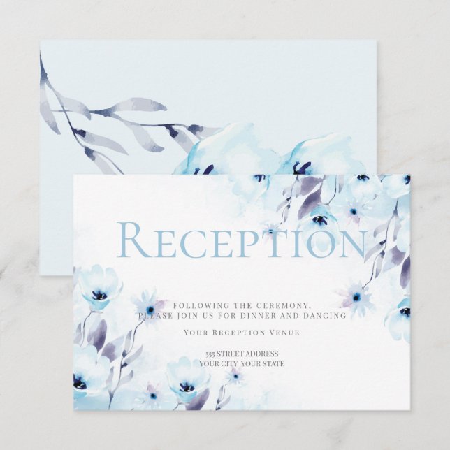 Invitation Réception | Aquarelle Sky Blue Anemone Flowers (Devant / Derrière)