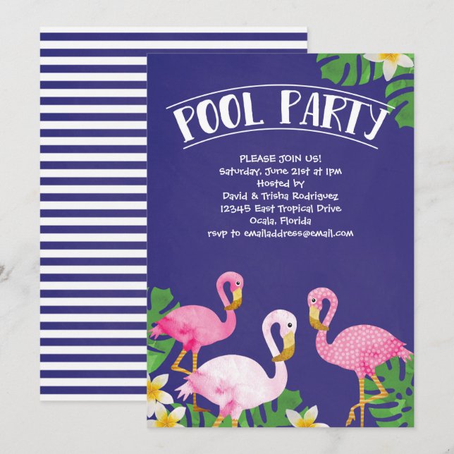 Invitation Réception au bord de la piscine de Flamant rose (Devant / Derrière)