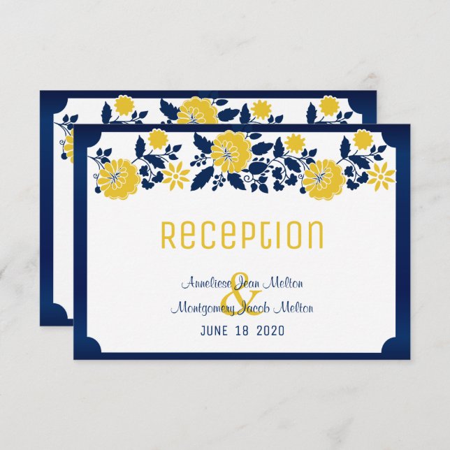 Invitation Réception - bleu marine et mariage floral jaune (Devant / Derrière)