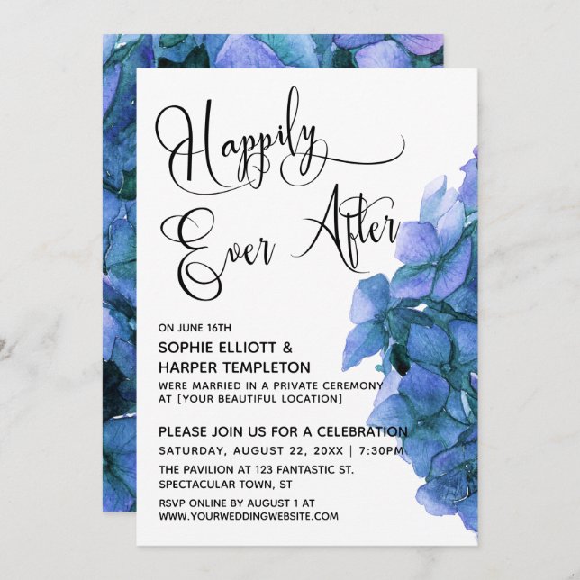 Invitation Réception Blue Hydrangea Happily Ever After (Devant / Derrière)