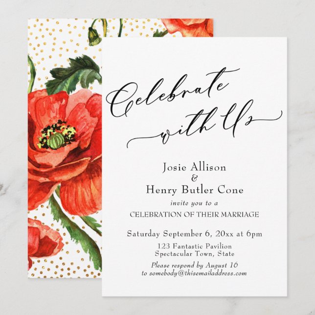 Invitation Réception Célébrez avec nous Coquelicots Confettis (Devant / Derrière)