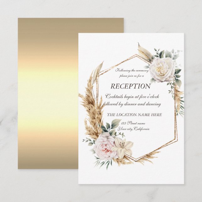 Invitation Réception de cadre floral doré   (Devant / Derrière)