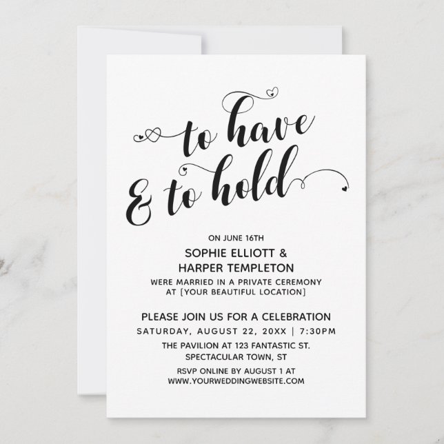 Invitation Réception de calligraphie To Have & To Hold Hearts (Devant)