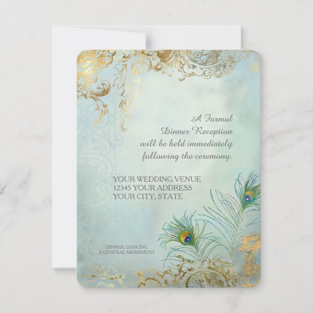 Invitation Réception de dîner Paon Plumes Mariage Élégant (Devant)
