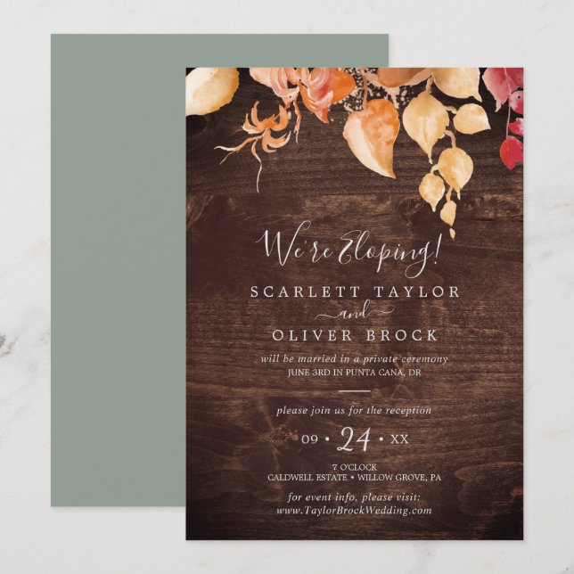 Invitation Réception de fuite avec feuilles d'automne en bois (Devant / Derrière)