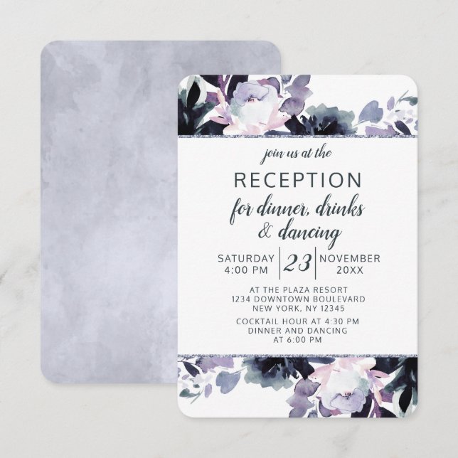 Invitation Réception de mariage à cadre argenté floral noctur (Devant / Derrière)
