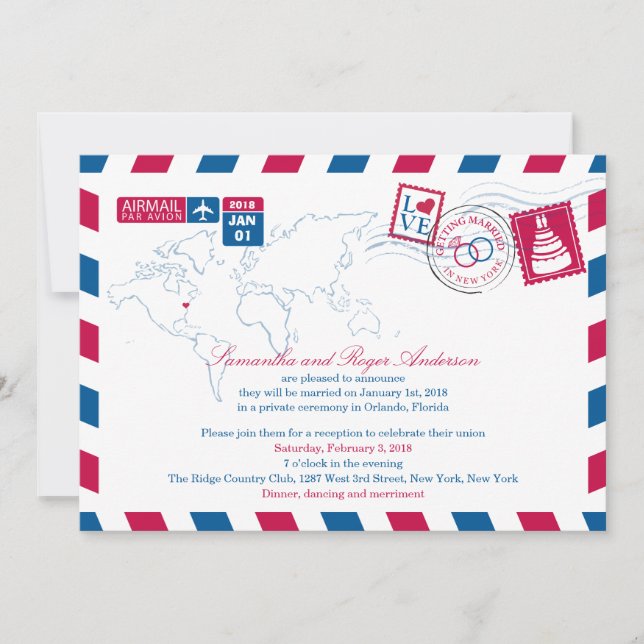 Invitation Réception de mariage après New York par avion (Devant)