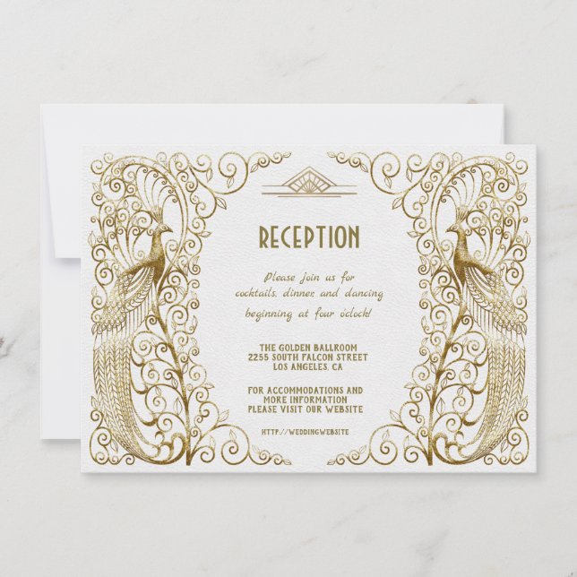 Invitation Réception de mariage Art Déco Paon Blanc Glamour (Devant)