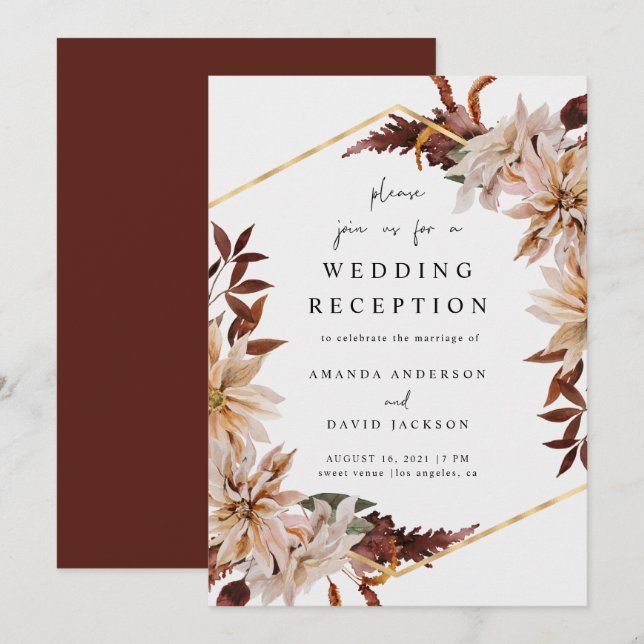 Invitation Réception de mariage automnal floral Bourgogne Or (Devant / Derrière)