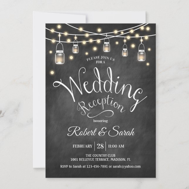 Invitation Réception de mariage avec tableau noir et lumières (Devant)