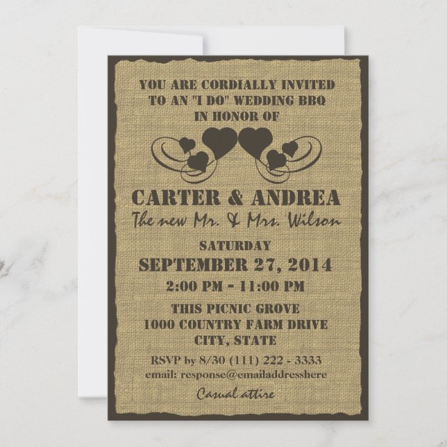 Invitation Réception de mariage BBQ Cœurs et Toile de Jute (Devant)