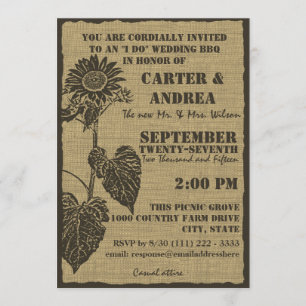 Invitation Réception de mariage BBQ tournesol et toile de jut