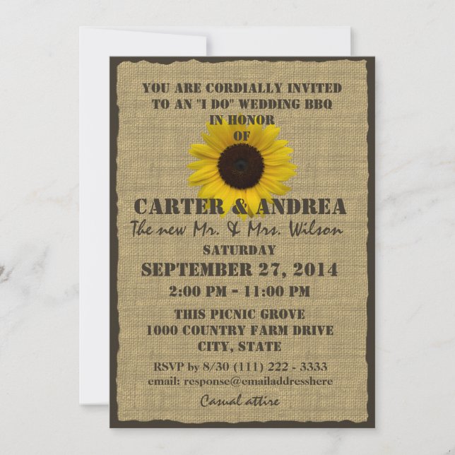 Invitation Réception de mariage BBQ Tournesol et Toile de Jut (Devant)