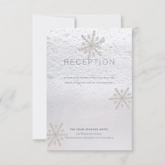 Invitation Réception de mariage blanc hiver flocon de neige a (Devant)