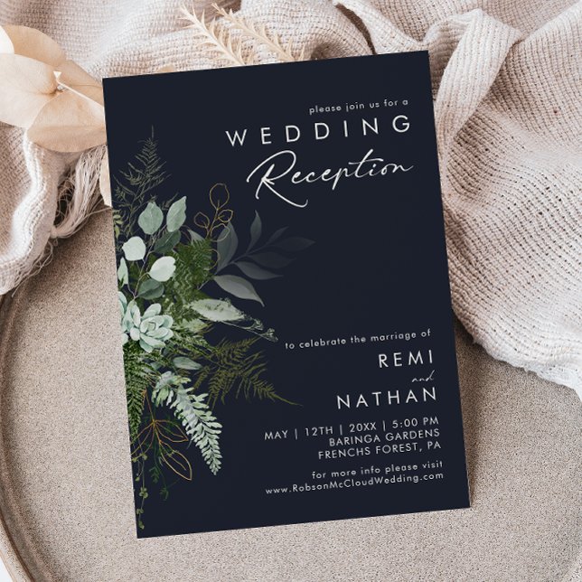 Invitation Réception de mariage bleu marine avec feuillage et (Créateur téléchargé)