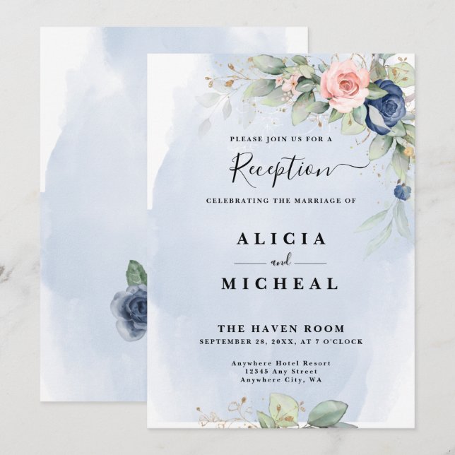 Invitation Réception de mariage bleu marine et rose pâle (Devant / Derrière)