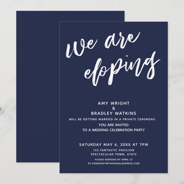 Invitation Réception de mariage bleu marine moderne Nous nous (Devant / Derrière)