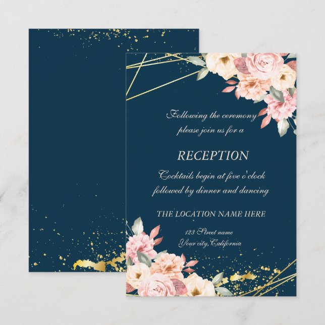 Invitation Réception de mariage Bleu Nuit Floral Rustique Or (Devant / Derrière)