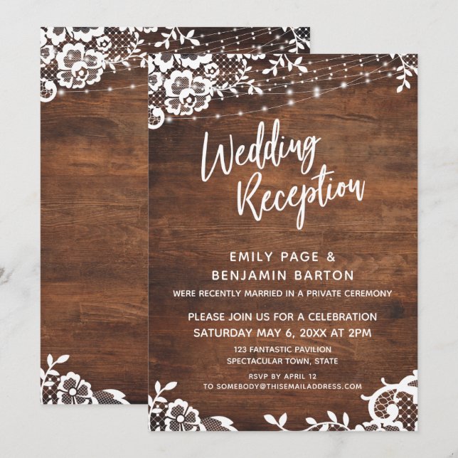 Invitation Réception de mariage Bois Rustique, Lumières et De (Devant / Derrière)