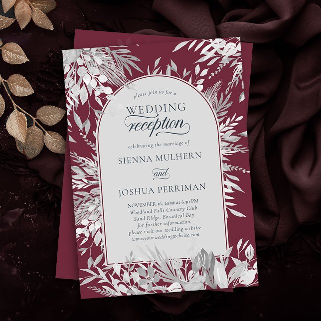 Invitation Réception de mariage botanique encadrée Arc Bourgo (Wedding Reception invitation in Burgundy and Grey from the Foliage Duet Collection by Darling & May)