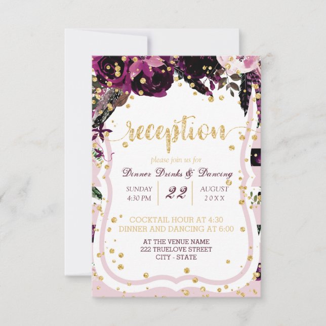 Invitation Réception de mariage chic floral pourpre et confet (Devant)