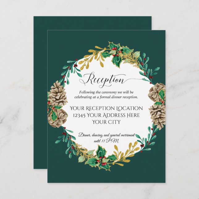 Invitation Réception de mariage de la forêt de Noël dorée (Devant / Derrière)