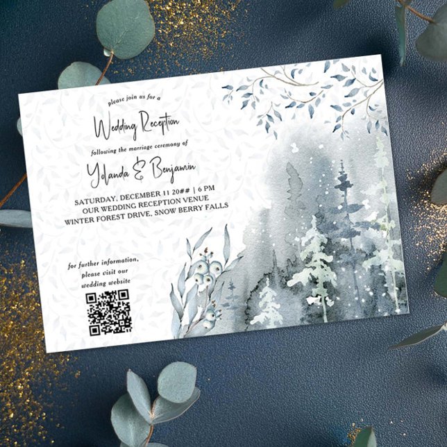 Invitation Réception de mariage d'hiver de Snow Forest unique (Wedding Reception Invitation with qr code from the Snow Forest Wedding Collection by Darling & May)