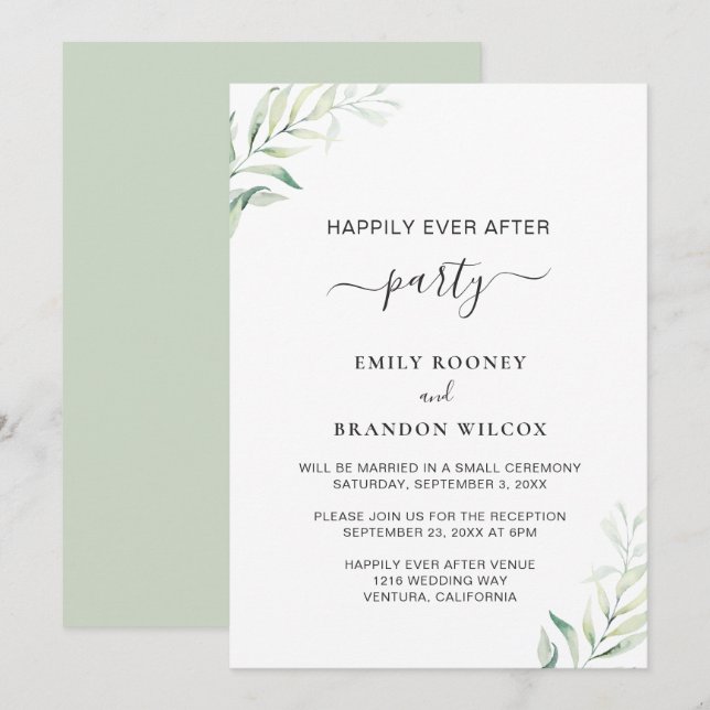 Invitation Réception de mariage élégante au eucalyptus vert s (Devant / Derrière)