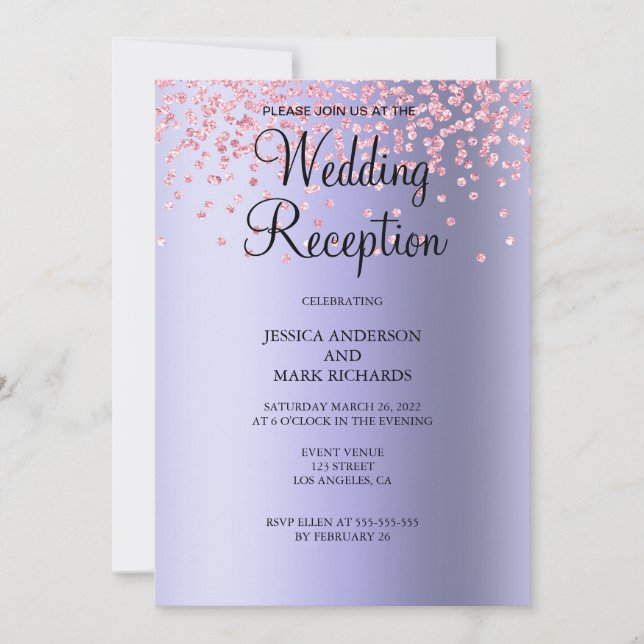 Invitation Réception de mariage élégante avec paillettes rose (Devant)