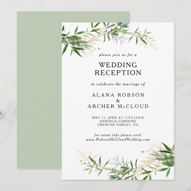 Invitation Réception de mariage élégante avec verdure d'olive (Devant / Derrière)