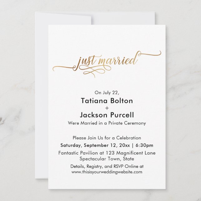 Invitation Réception de mariage élégante calligraphiée en or (Devant)