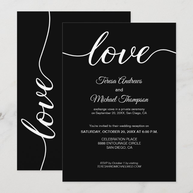 Invitation Réception de mariage élégante en noir et blanc pou (Devant / Derrière)