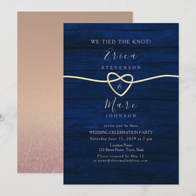 Invitation Réception de mariage élégante en or et bleu marine (Devant / Derrière)