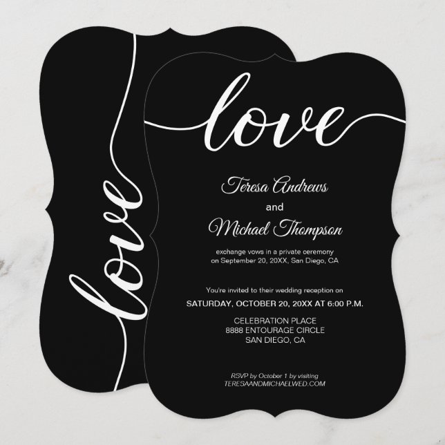 Invitation Réception de mariage élégante et intime Noir Blanc (Devant / Derrière)