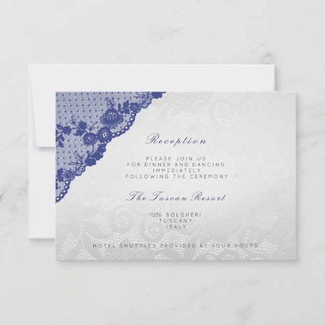 Invitation Réception de mariage en dentelle de la Marine Bleu (Devant)