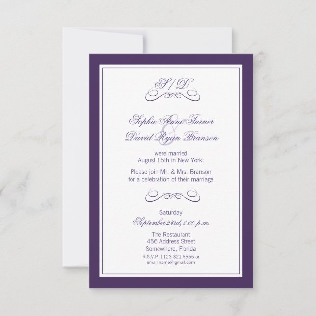 Invitation Réception de mariage en soirée avec bordure violet (Devant)