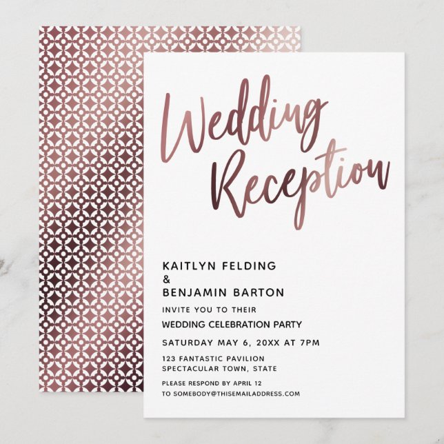Invitation Réception de mariage en typographie dorée rose (Devant / Derrière)