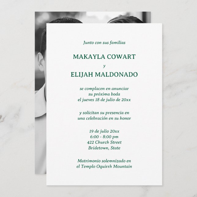 Invitation Réception de mariage espagnole verte et blanche (Devant / Derrière)