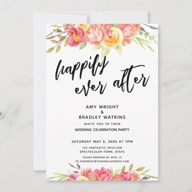 Invitation Réception de mariage fleuri lumineux pour toujours (Devant)