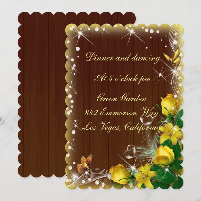 Invitation Réception de mariage fleurie en bois foncé rustiqu (Devant / Derrière)