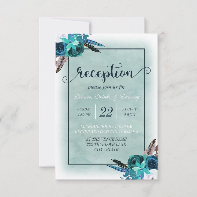 Invitation Réception de mariage floral aquarelle bleu marine (Devant)