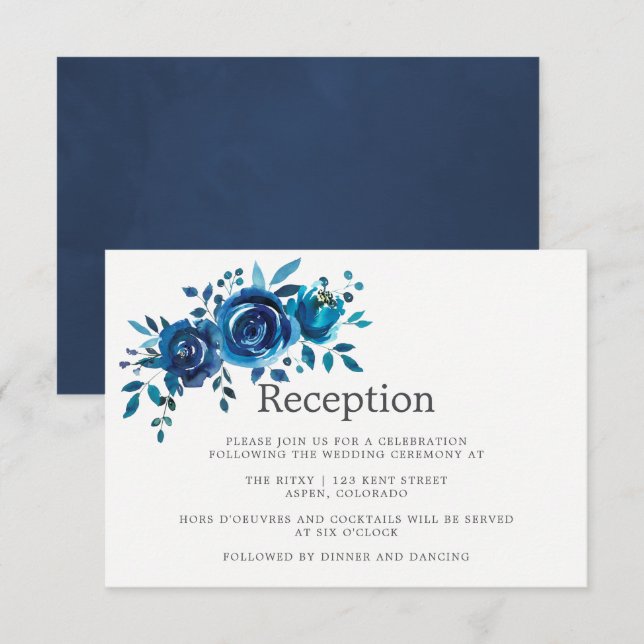 Invitation Réception de mariage floral marine et blanc (Devant / Derrière)