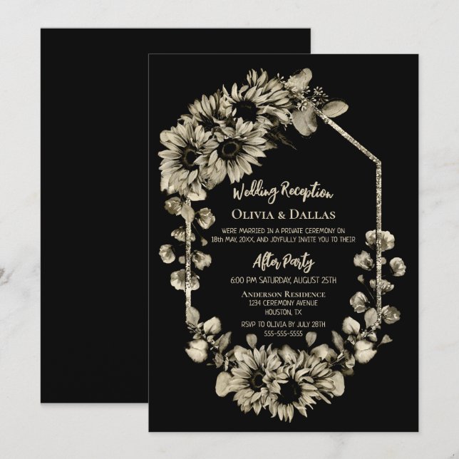 Invitation Réception de mariage floral noir tournesol (Devant / Derrière)