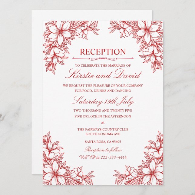 Invitation Réception De Mariage Floral Ornate Rouge (Devant / Derrière)