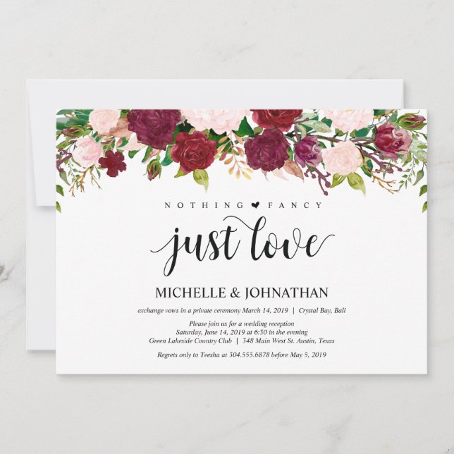 Invitation Réception de mariage floral rose Marsala et fuite (Devant)