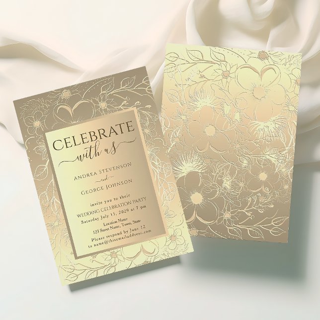 Invitation Réception de mariage florale dorée de luxe (Créateur téléchargé)