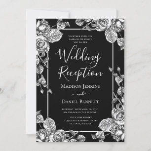 Invitation Réception de mariage florale élégante en noir et b