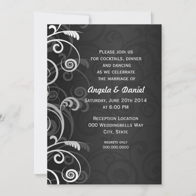 Invitation Réception de mariage florale moderne noir et blanc (Devant)