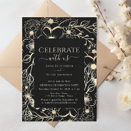 Invitation Réception de mariage florale noire et or