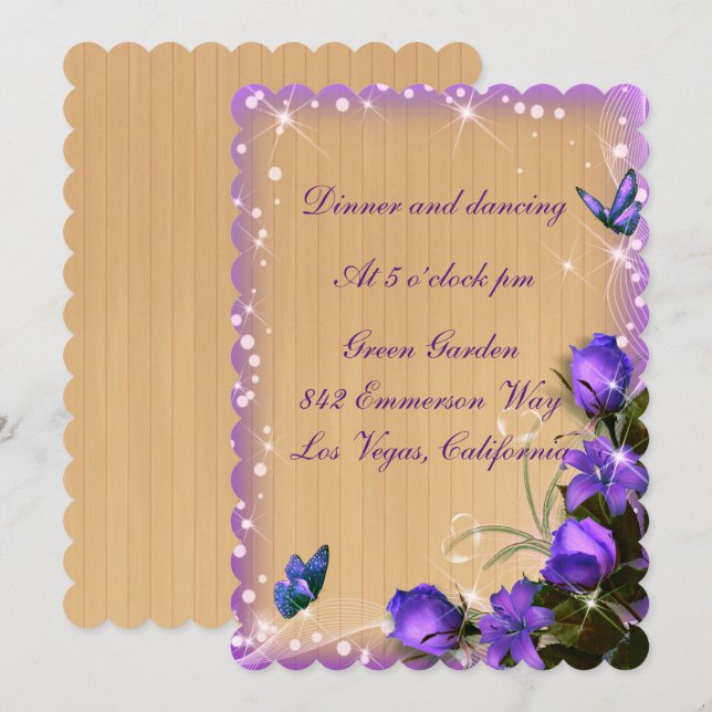 Invitation Réception de mariage florale violette en bois rust (Devant / Derrière)